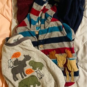 Fleece navy pants, Fleece Green Shirt, Fleece Striped Hoodie, and maroon pants